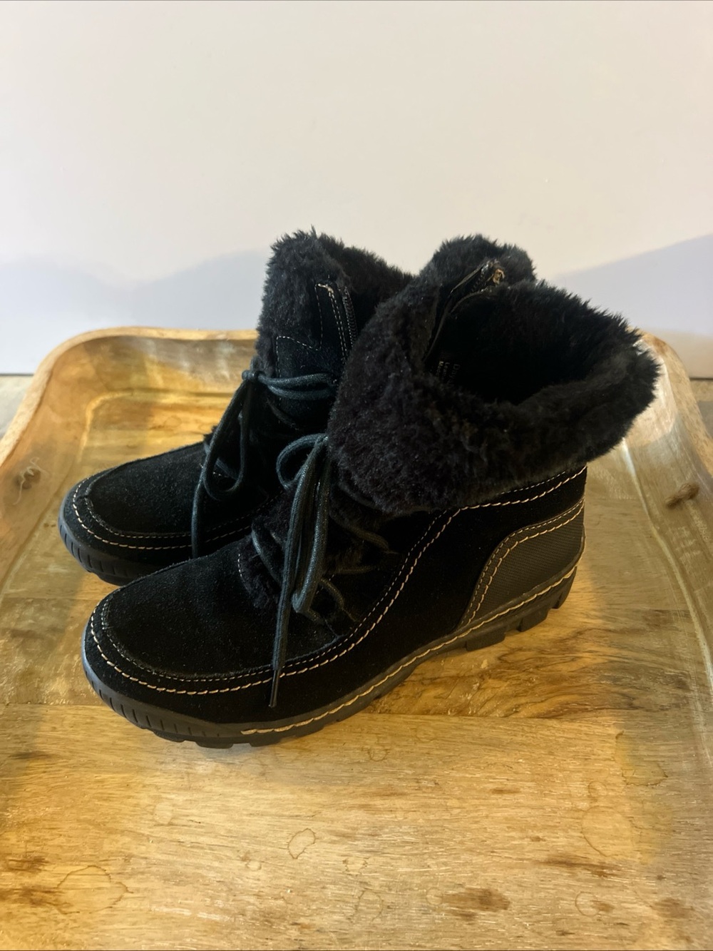 BareTraps Black Faux Fur Lace-Up Ankle Boots